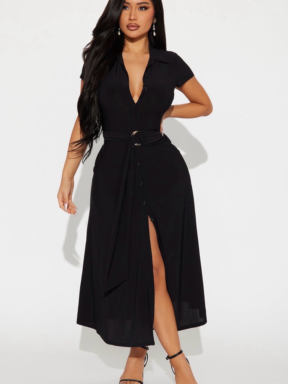 Fashion Nova Black Button-Front Midi Dress with Waist Tie